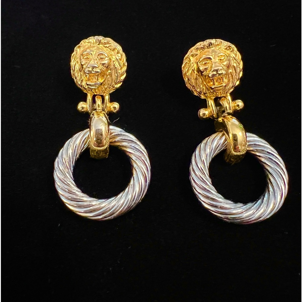 Vintage Anne Klein Lion Head Earrings. Gold Silver Tone